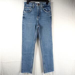 Zara Womens Size 00 High Rise Straight Leg Raw Hem Jeans Blue Join Life Denim